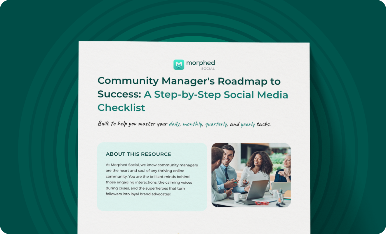 The cover page for Morphed Social's 'Community Manager's Roadmap to Success' checklist.