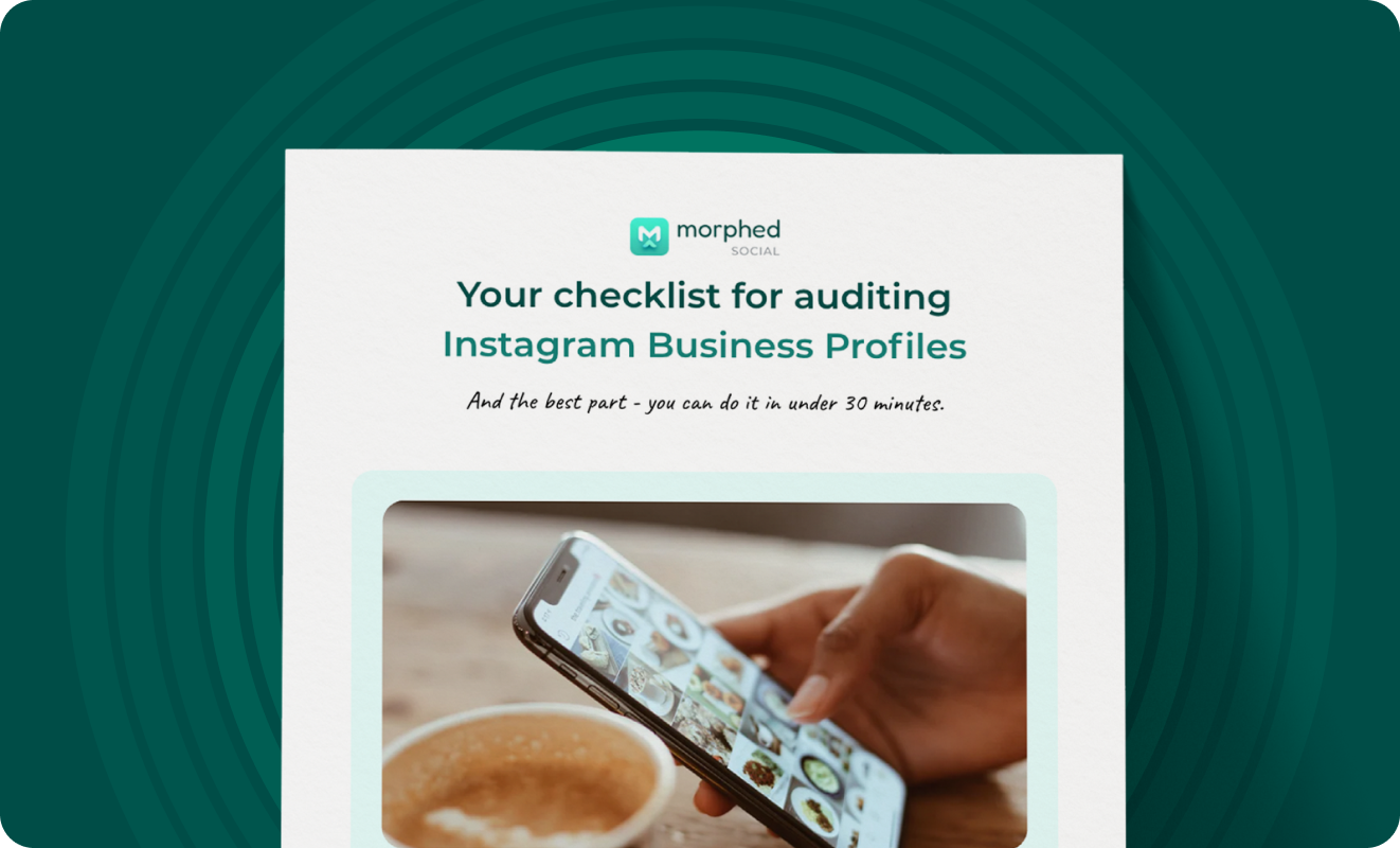The cover page for the Morphed Social Instagram audit checklist, showing a person scrolling their feed.