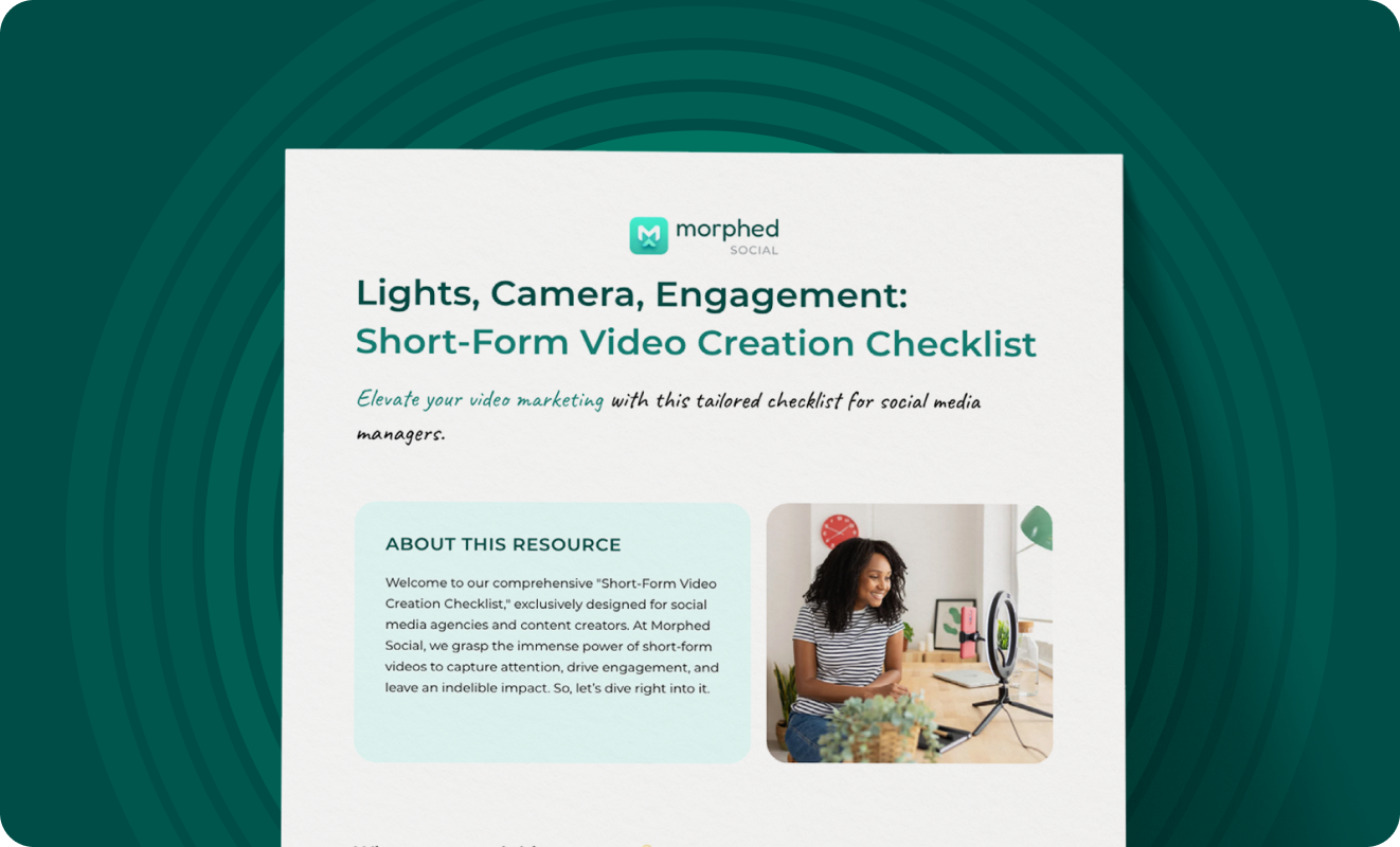 The cover page of the Morphed Social short-form video creation checklist, titled 'Lights, Camera, Engagement'.