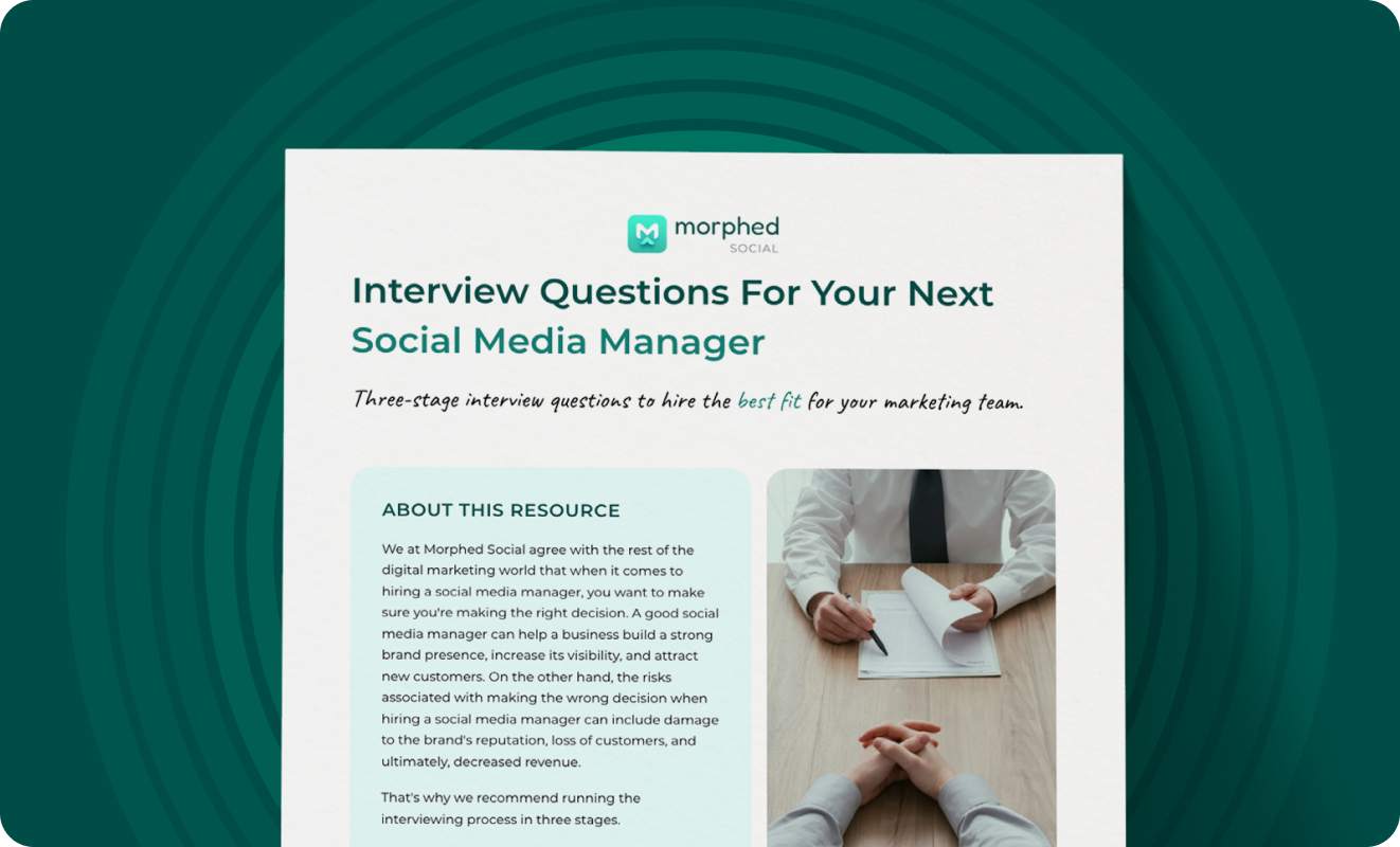 The cover page for the Morphed Social guide, 'Interview Questions For Your Next Social Media Manager'.