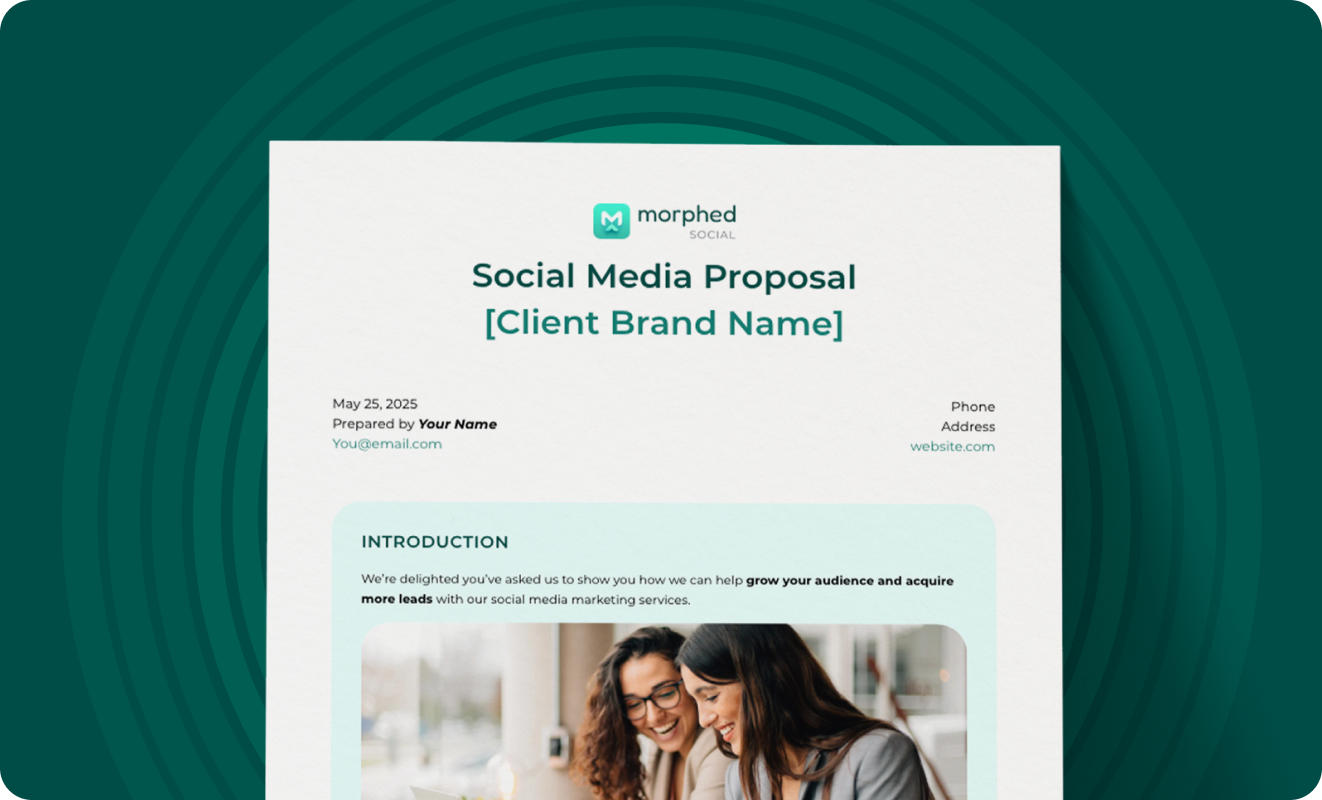 The cover page for the Morphed Social social media proposal template, showing two women collaborating.