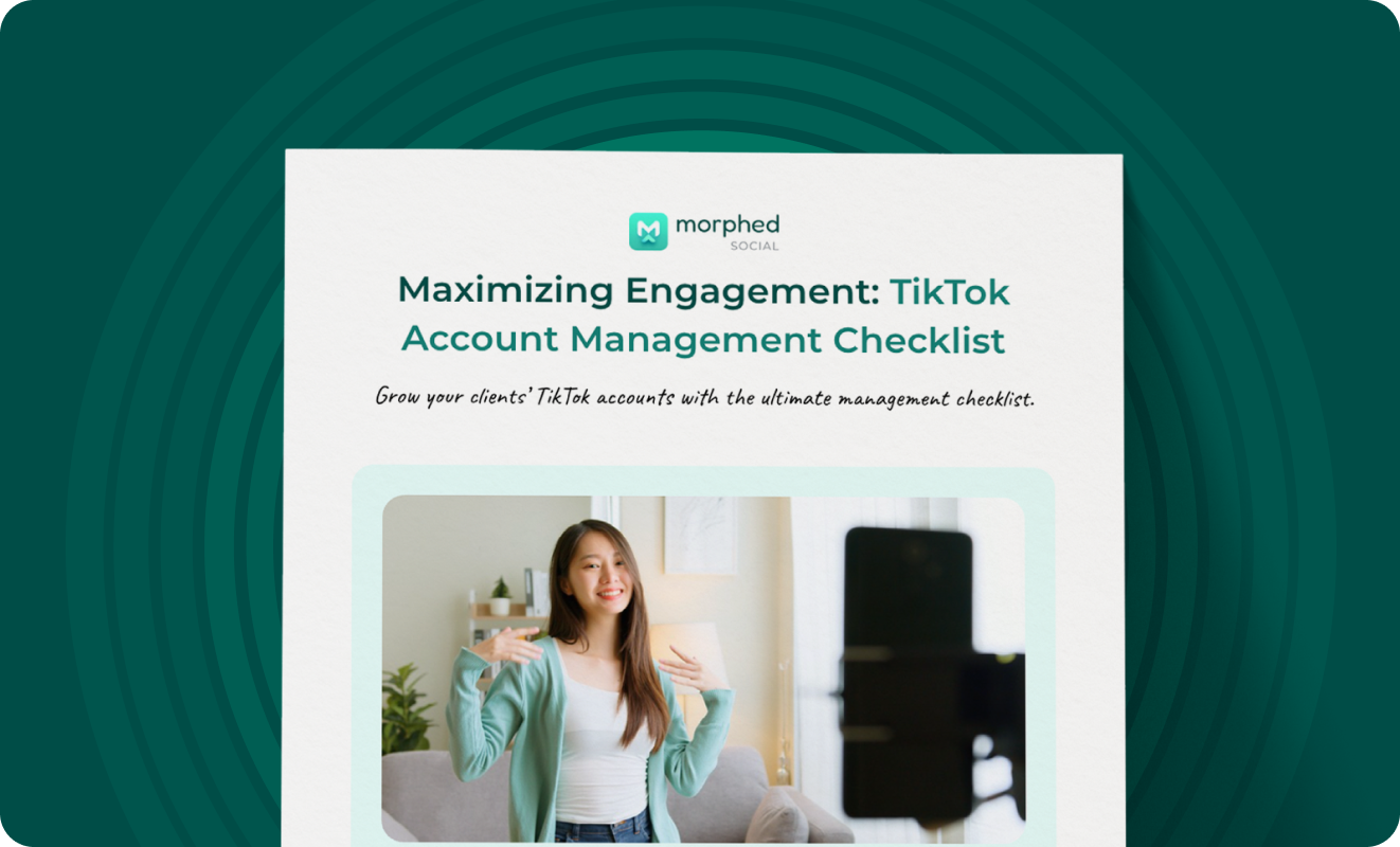 The cover page for the Morphed Social TikTok account management checklist, showing a woman filming a video.